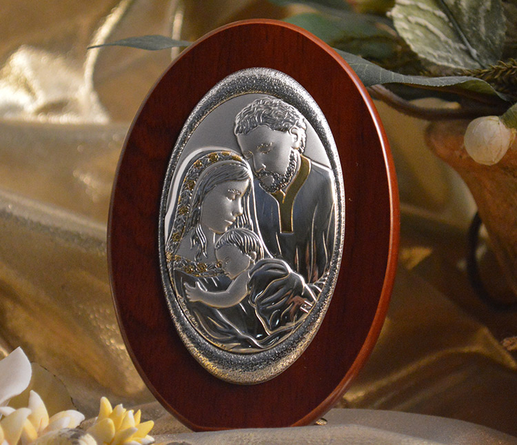 Italian silver holy family icon on a wood stand - Item # 5392