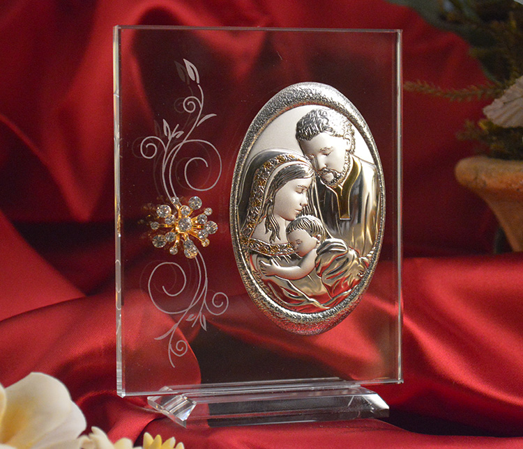 Italian silver holy family icon on a glass stand - Item # 5455