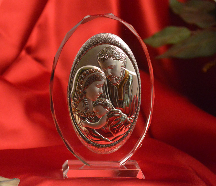 Italian silver holy family icon on a glass stand - Item # 5406