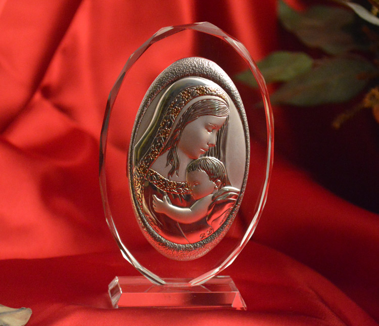 Italian silver mother and child icon on a glass stand - Item # 5405