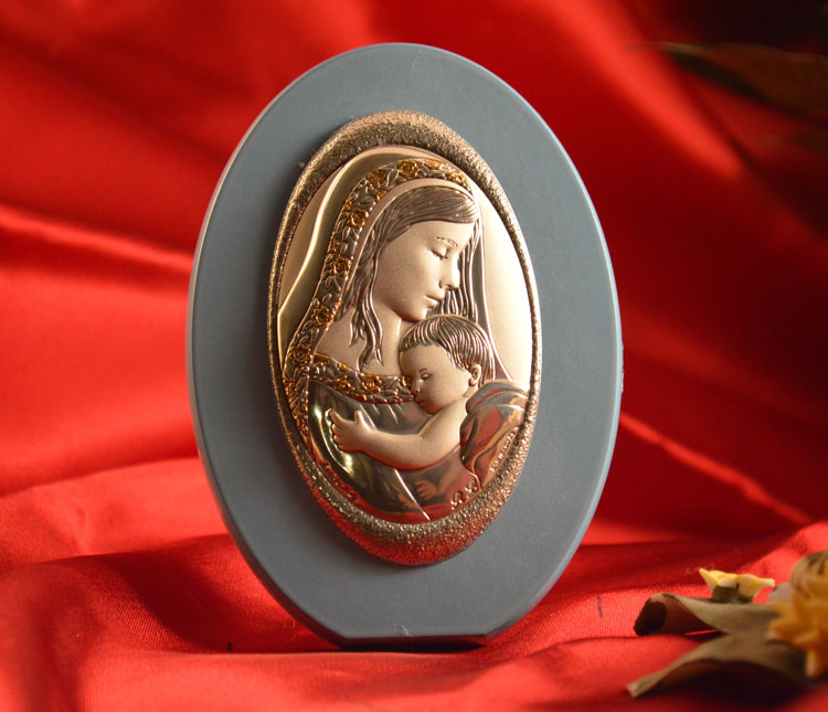 Italian silver mother and child icon made in italy icon on a wood stand (baby blue) - Item # 5432