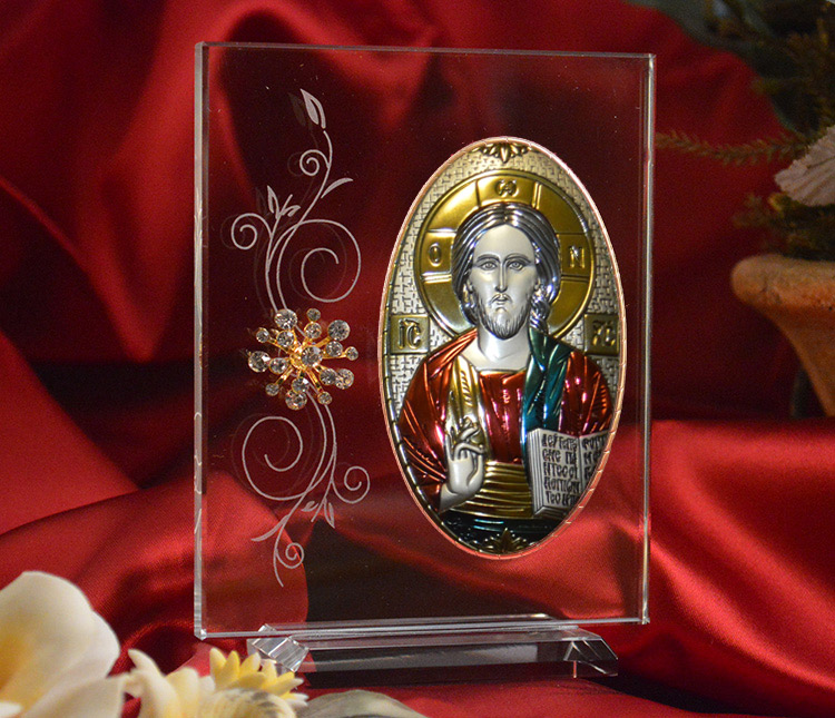 Italian silver greek orthodox christ icon with colors on a glass stand - Item # 5526