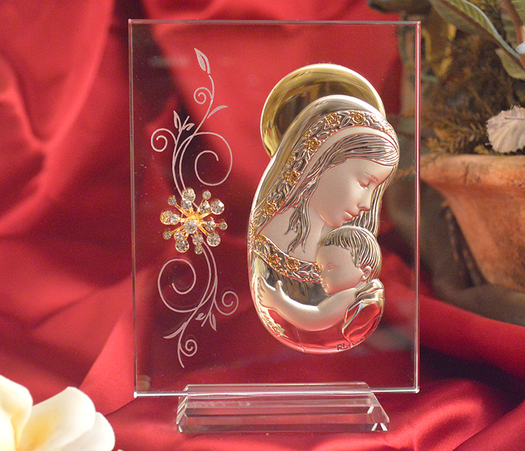 Italian silver mother and child icon on a glass stand - Item # 5470