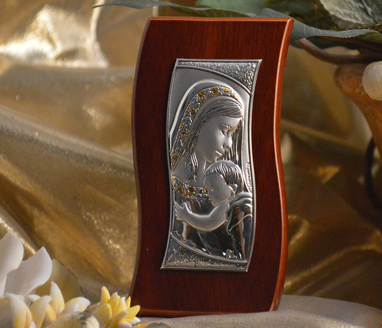 Italian silver mother and child icon on a wood stand - Item # 5365