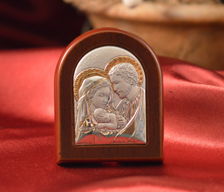 Italian silver holy family icon on a wood stand (size 1) - Item # 5364