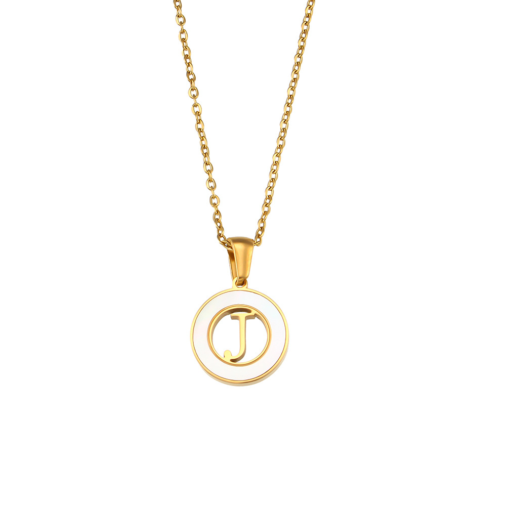 Simple elegant round shell hollow initial j stainless steel necklace - Item # 18514