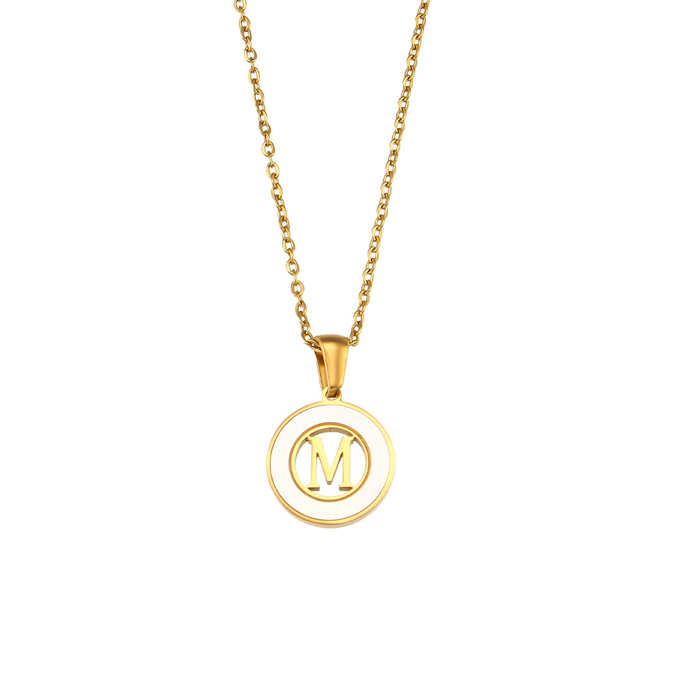 Simple elegant round shell hollow initial m stainless steel necklace - Item # 18513