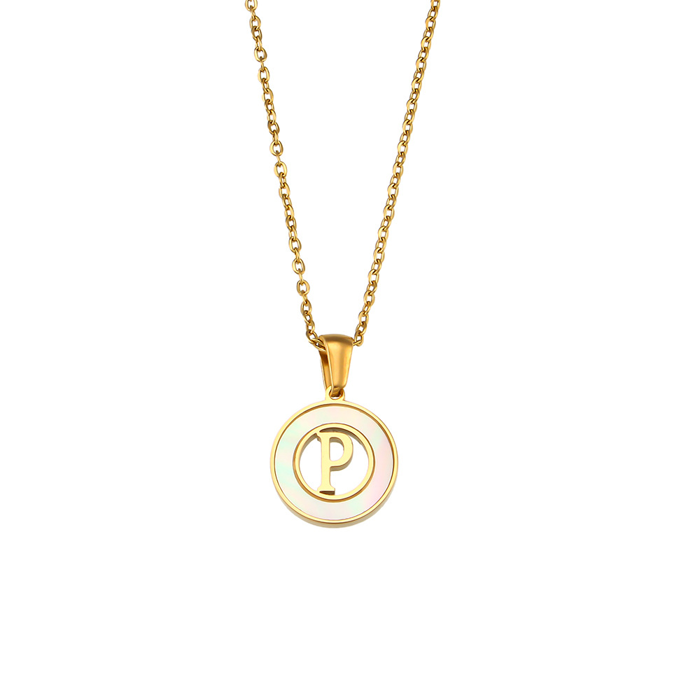 Simple elegant round shell hollow initial p stainless steel necklace - Item # 18512