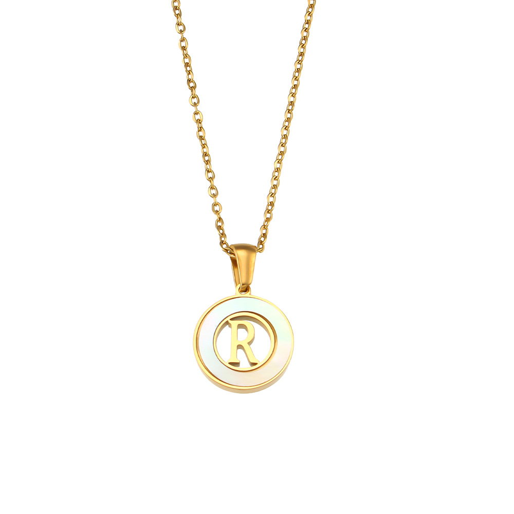 Simple elegant round shell hollow initial r stainless steel necklace - Item # 18508