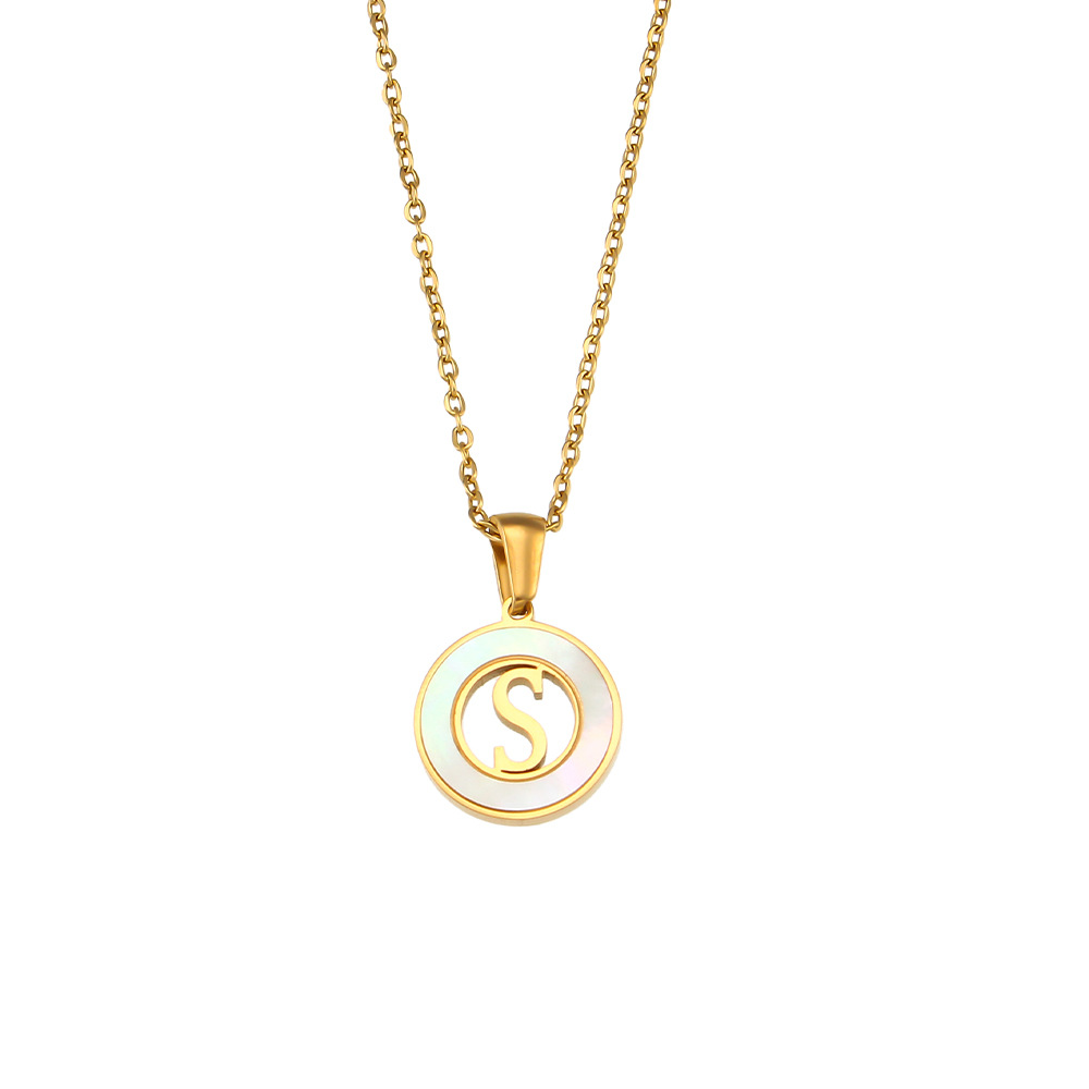 Simple elegant round shell hollow initial s stainless steel necklace - Item # 18507