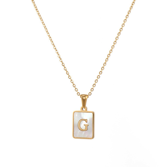 Initial g rectangular shell 18k gold stainless steel necklace - Item # 17508